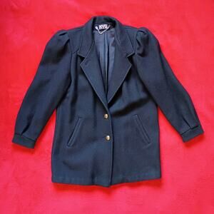 Vtg Wool Coat Puffed Shoulders Women Sz L Black w/ Gold Buttons Union Made USA
